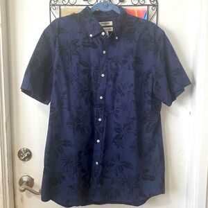 Navy and black Hawaiian shirt.